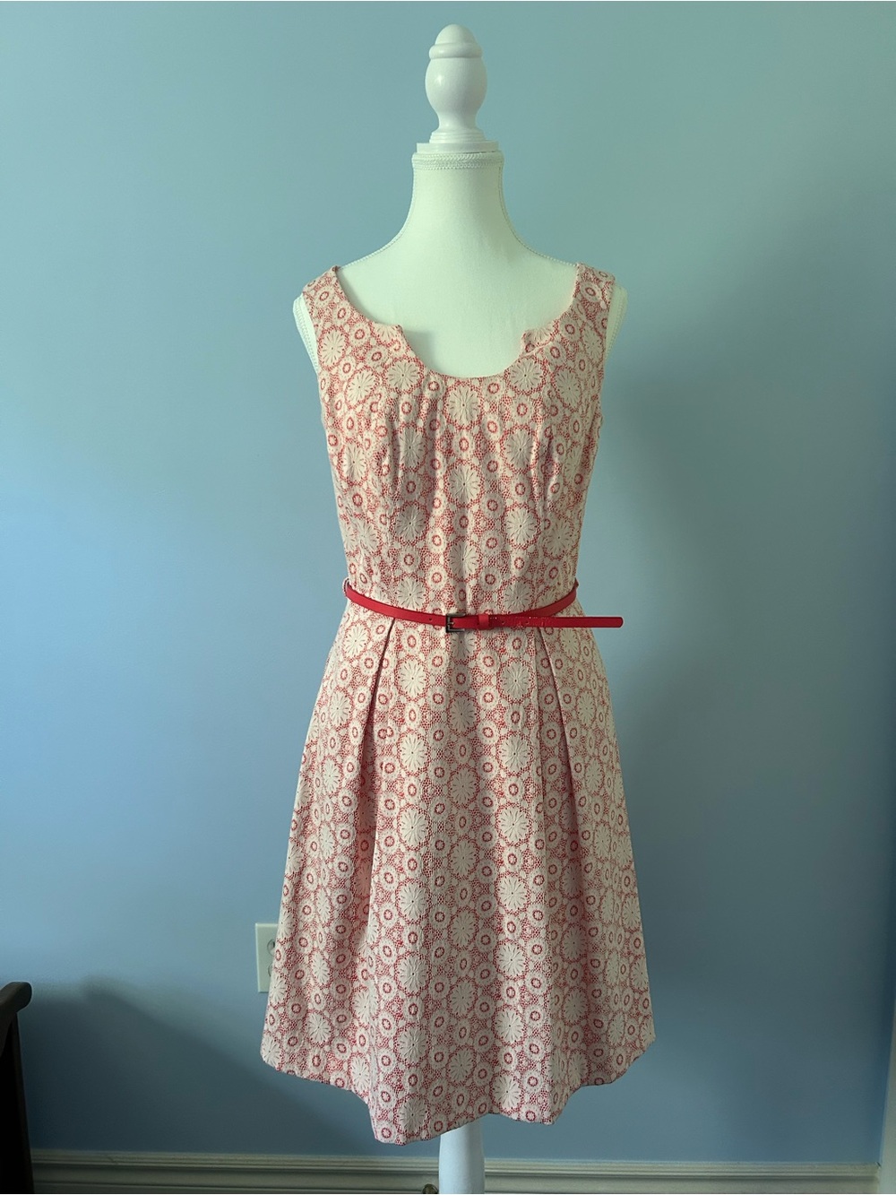 Sleeveless Pink Printed Midi Dress with Red Belt